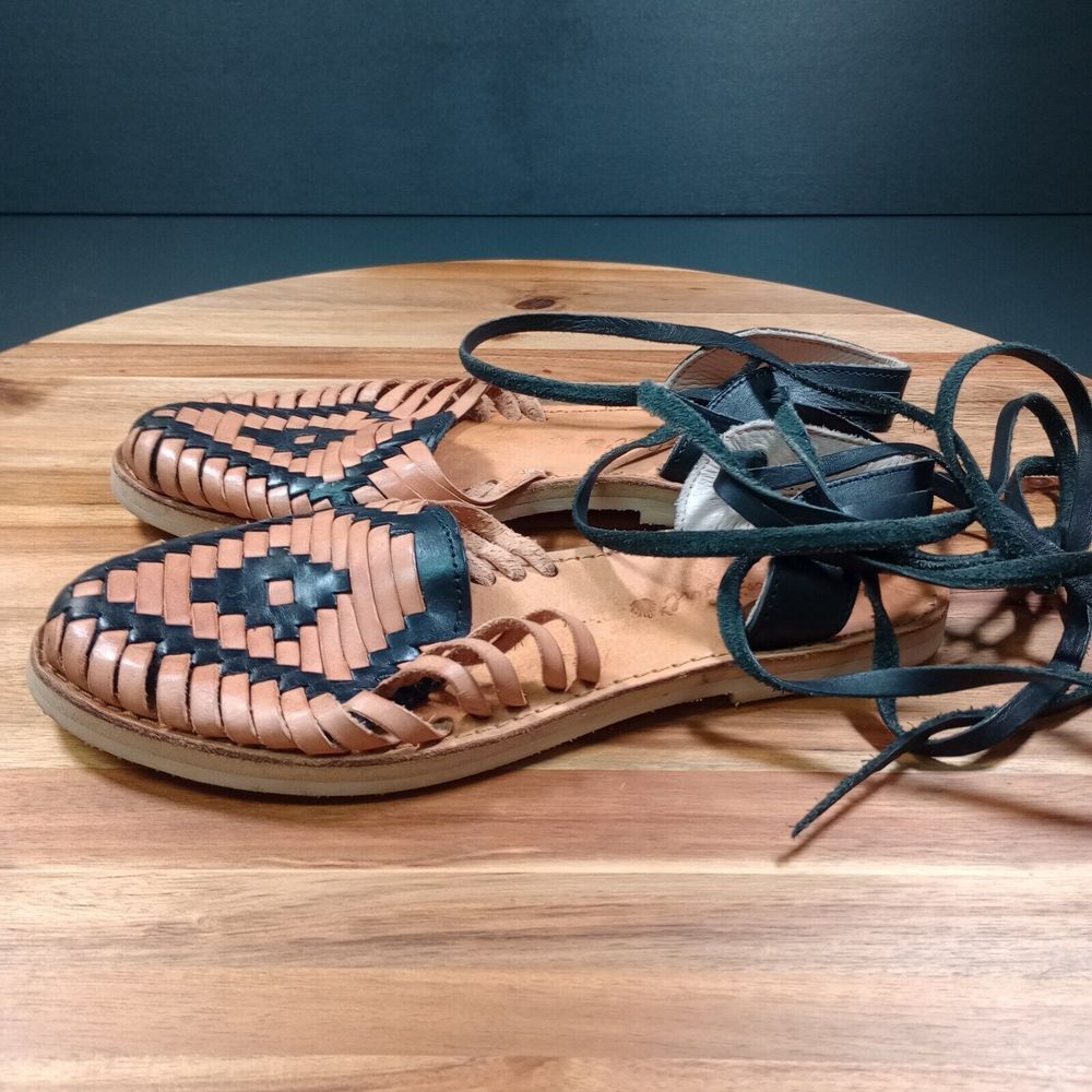 Agave Girl Huarache Mexican Sandals Womens Sz 6 Brown Black‎ Leather Strappy